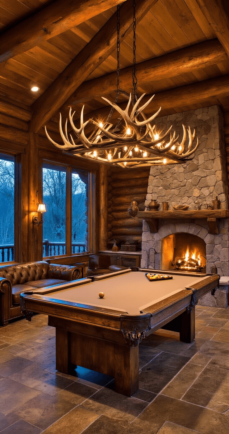 A cozy rustic game room with a distressed oak pool table, antler and wrought iron light fixture, log walls, and a stone fireplace, all illuminated by warm 2700K lighting during blue hour.