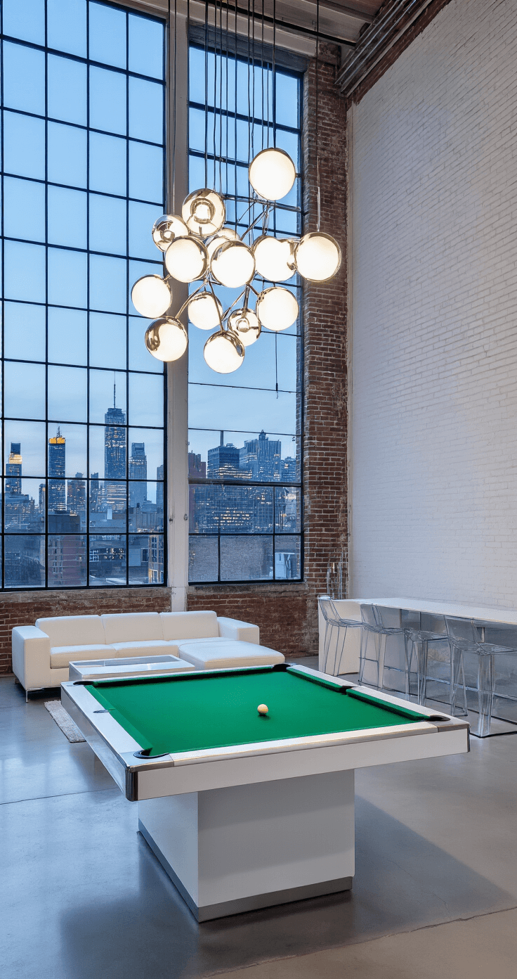 Sleek modern game room at twilight featuring a contemporary pool table with a white lacquer base and steel accents, illuminated by a geometric pendant light cluster, with polished concrete floors, white exposed brick walls, and urban skyline visible through industrial windows.