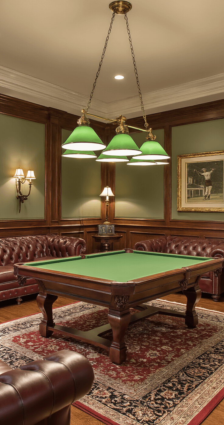 Upscale game room in a country club setting, featuring a premium 9-foot billiard table, classic brass light fixture, mahogany paneling, burgundy leather seating, and warm ambient lighting.