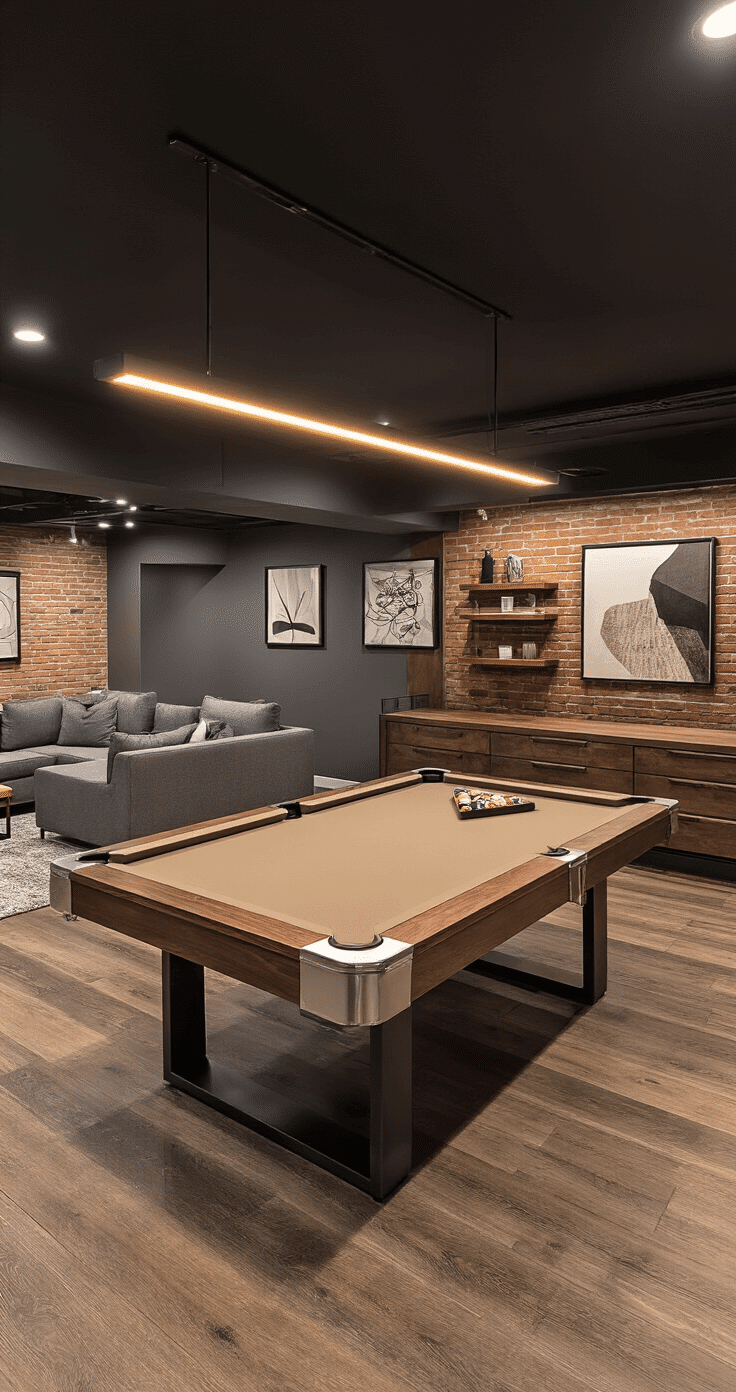 A contemporary basement game room featuring a modern pool table under adjustable LED lighting, surrounded by warm gray walls of exposed brick and drywall, luxury vinyl plank flooring, and stylish furnishings.
