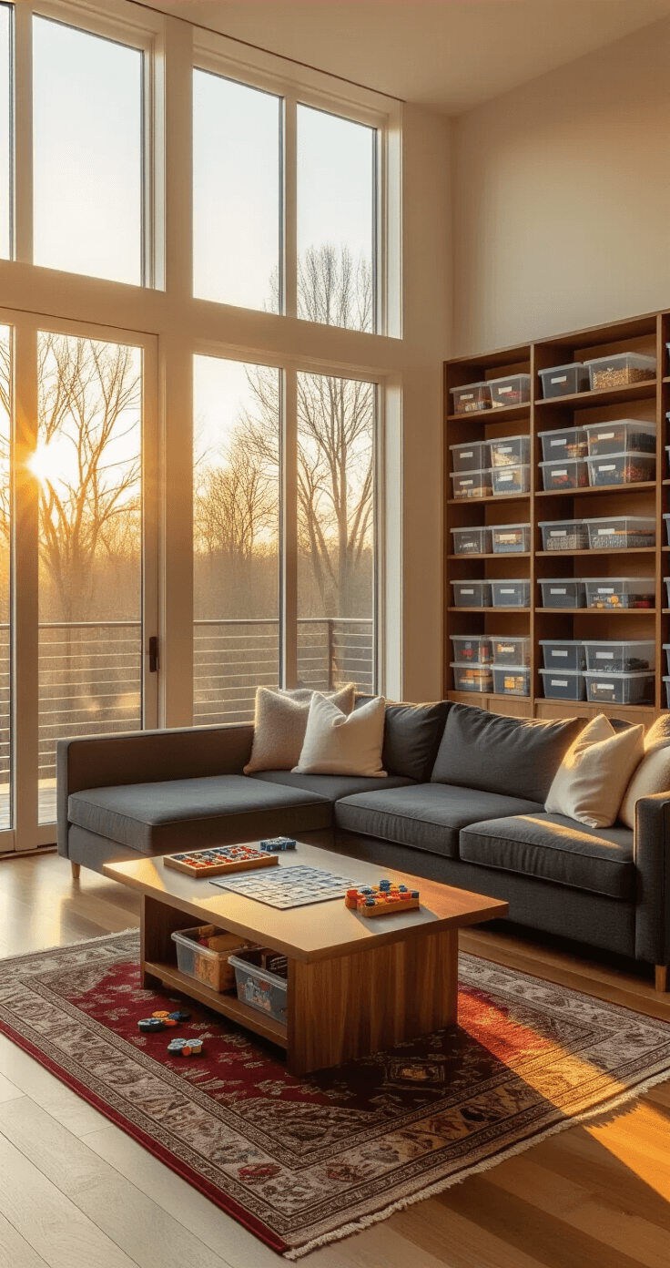Modern living room bathed in warm golden hour light, featuring a walnut coffee table with game boards and markers, a charcoal sectional sofa, hardwood floors, and organized game pieces in clear bins.