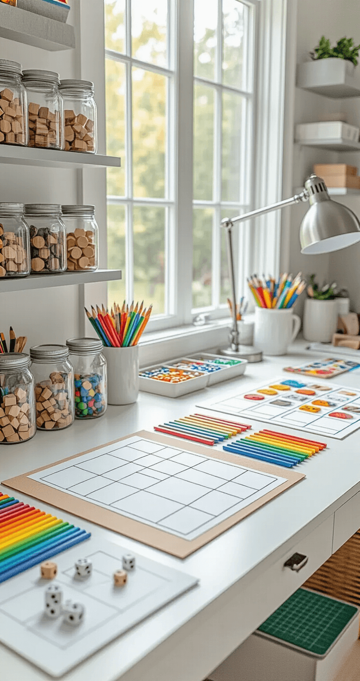 Close-up overhead shot of a bright, organized craft room workspace featuring a white lacquered desk with game board templates and colorful markers, surrounded by labeled jars of game pieces on pale gray shelves, and scattered design sketches and laminating supplies.