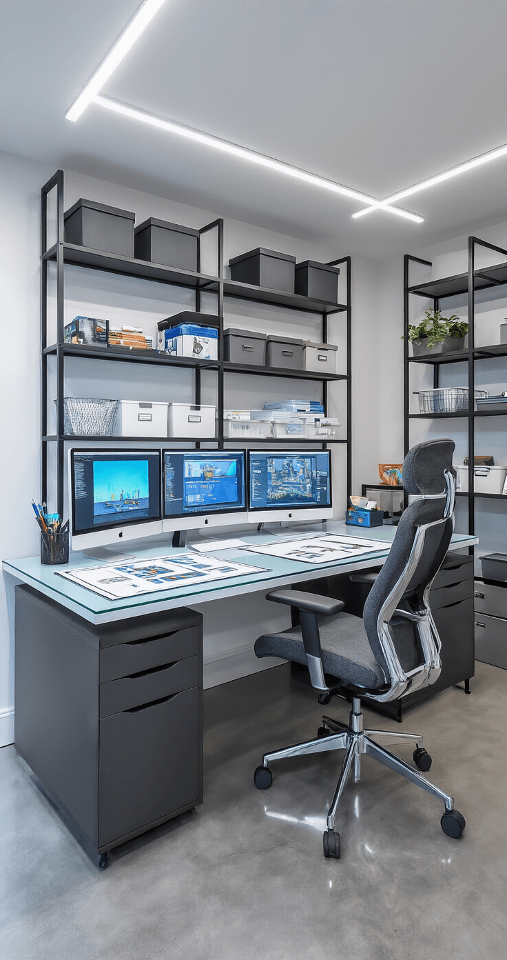Elevated view of a sleek game design studio featuring a glass desk with printed templates, dual monitors, a high-back ergonomic chair, industrial metal shelving, and polished concrete floors, all illuminated by bright LED fixtures.