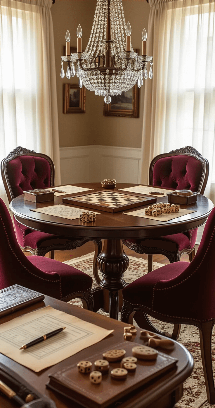 Elegant dining room with a mahogany pedestal table displaying handcrafted game boards, vintage brass dice, and carved wooden pieces, illuminated by a crystal chandelier. Rich burgundy velvet chairs surround the table, which features aged parchment, antique fountain pens, and leather-bound rule books, all bathed in soft, filtered afternoon light.