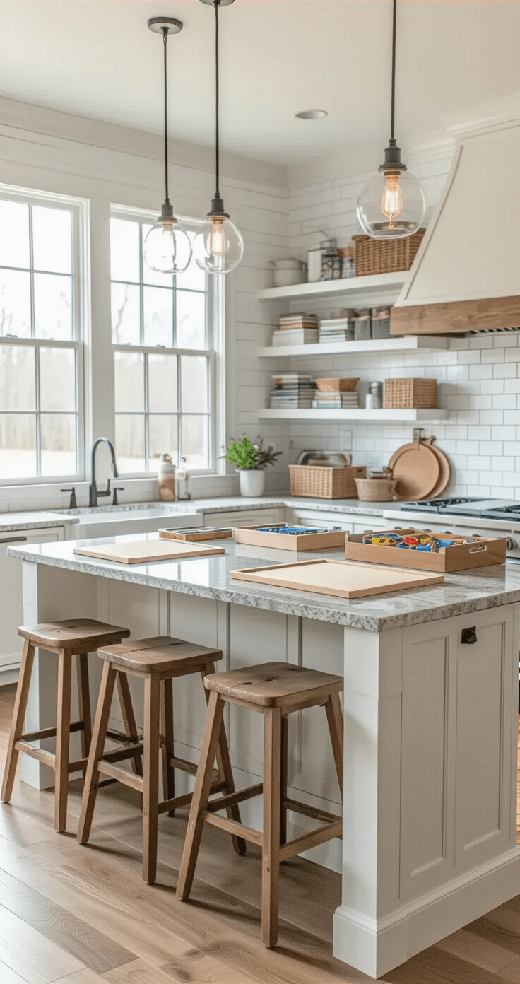 Wide shot of a bright kitchen filled with natural light, featuring a granite-topped island converted into a game central with various blank boards and crafting supplies, distressed wood bar stools, and organized game collections on open shelving, all in a cheerful color scheme of whites, grays, and natural wood tones.