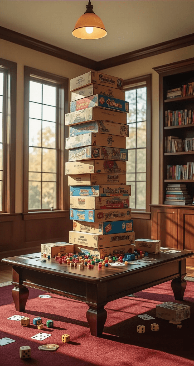 Photorealistic image of a disorganized modern game room showcasing a precarious stack of colorful board game boxes on a dark walnut table, illuminated by natural light from large windows, with scattered game pieces on a burgundy carpet.