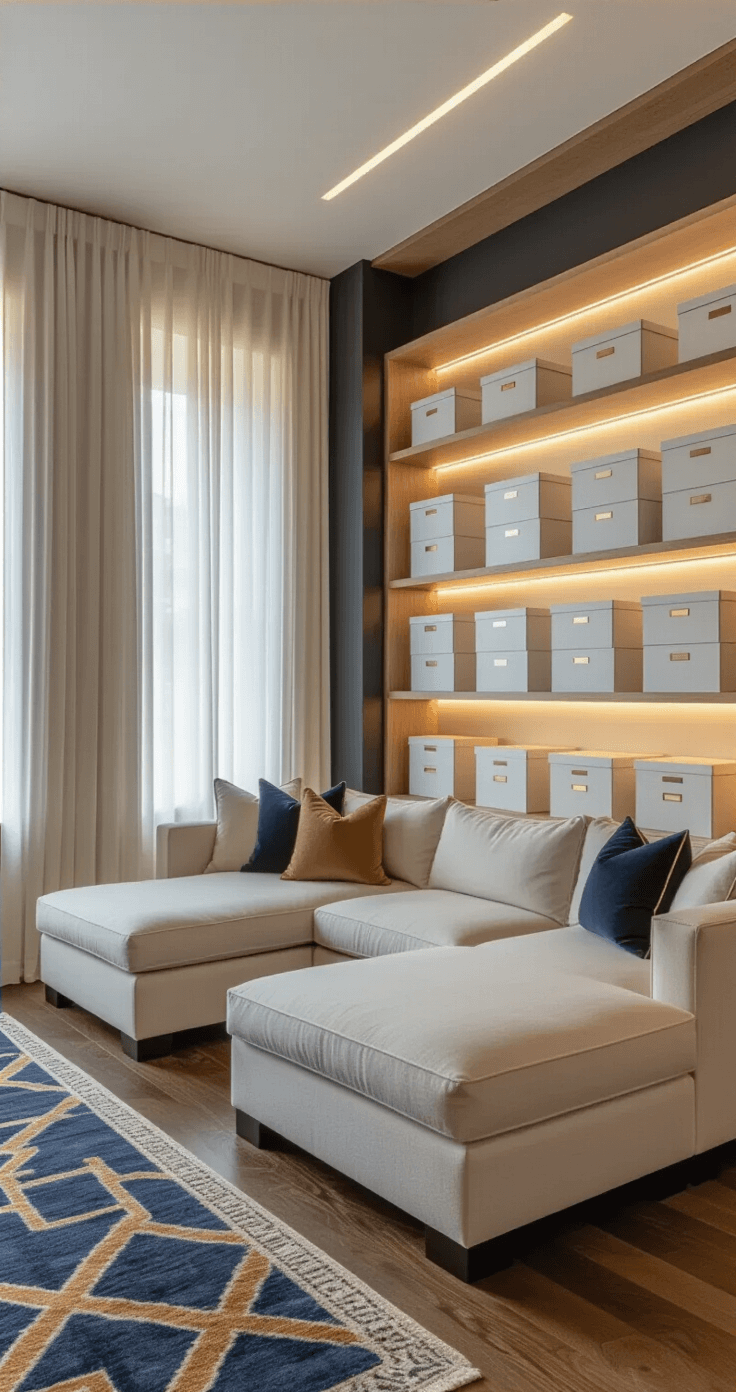 Photorealistic wide-angle shot of an elegant living room with pristine blank chipboard game boxes on white oak shelves, illuminated by golden hour light. The space features a plush cream sectional sofa, dark hardwood floors, and geometric rugs, accented by brass hardware and integrated LED lighting.