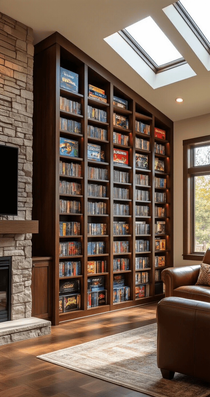Photorealistic view of a custom-built vertical board game storage system in a family room, featuring games displayed spine-out against rich espresso wood, illuminated by morning light from skylights and enhanced with warm LED accents.