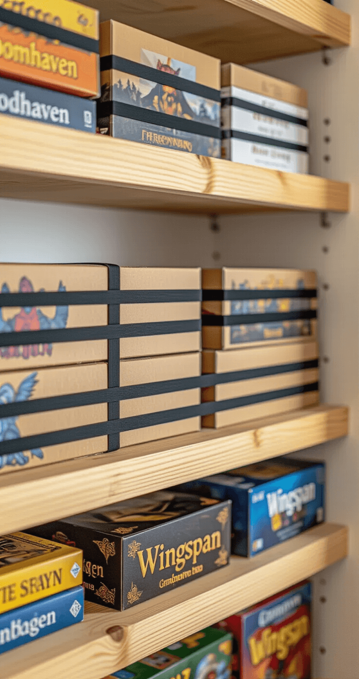Photorealistic close-up of game boxes secured with black elastic bands on natural pine shelves, illuminated by soft afternoon light in a cozy closet with white walls, showcasing an organized storage solution for games like Gloomhaven and Wingspan.