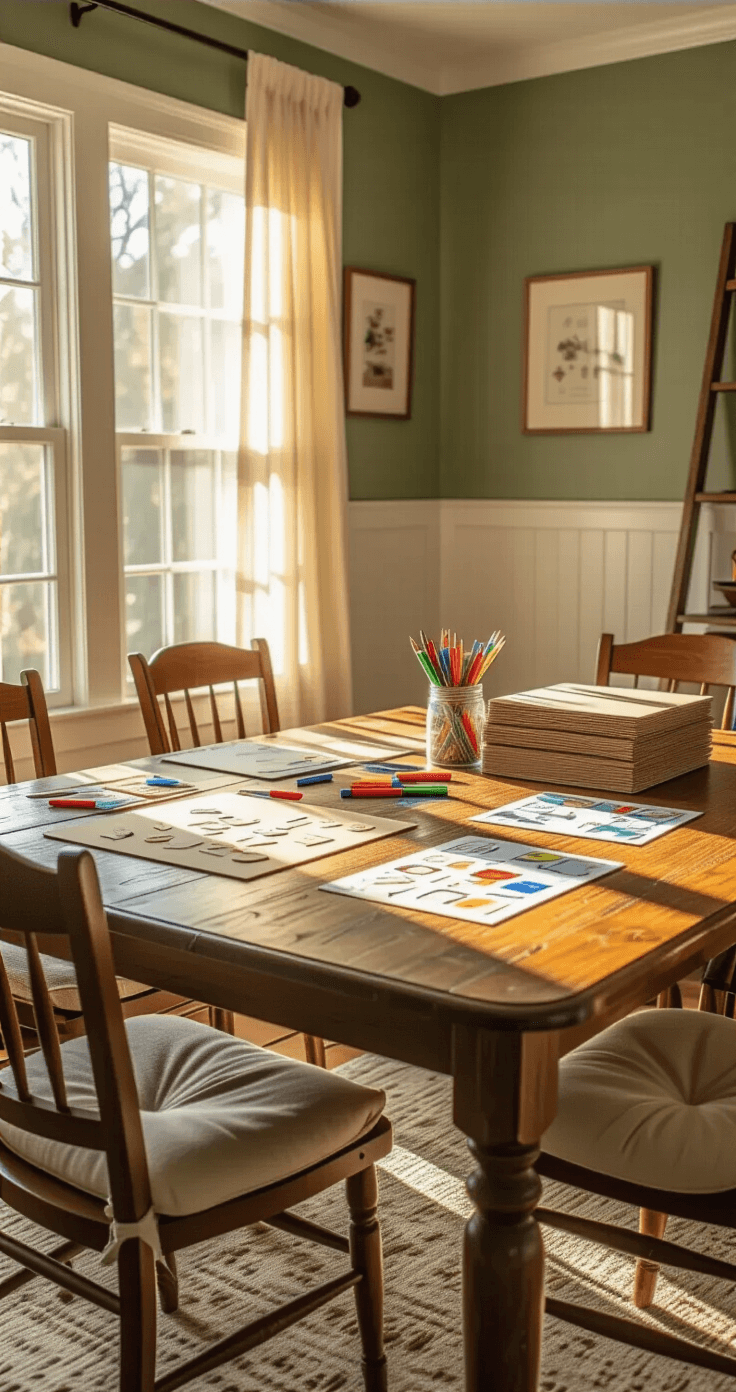 Cozy family dining room during golden hour with warm sunlight streaming through sheer curtains, showcasing a rustic oak table filled with game board prototypes, handwritten notes, and craft supplies, surrounded by vintage chairs on a cream rug against sage green walls.