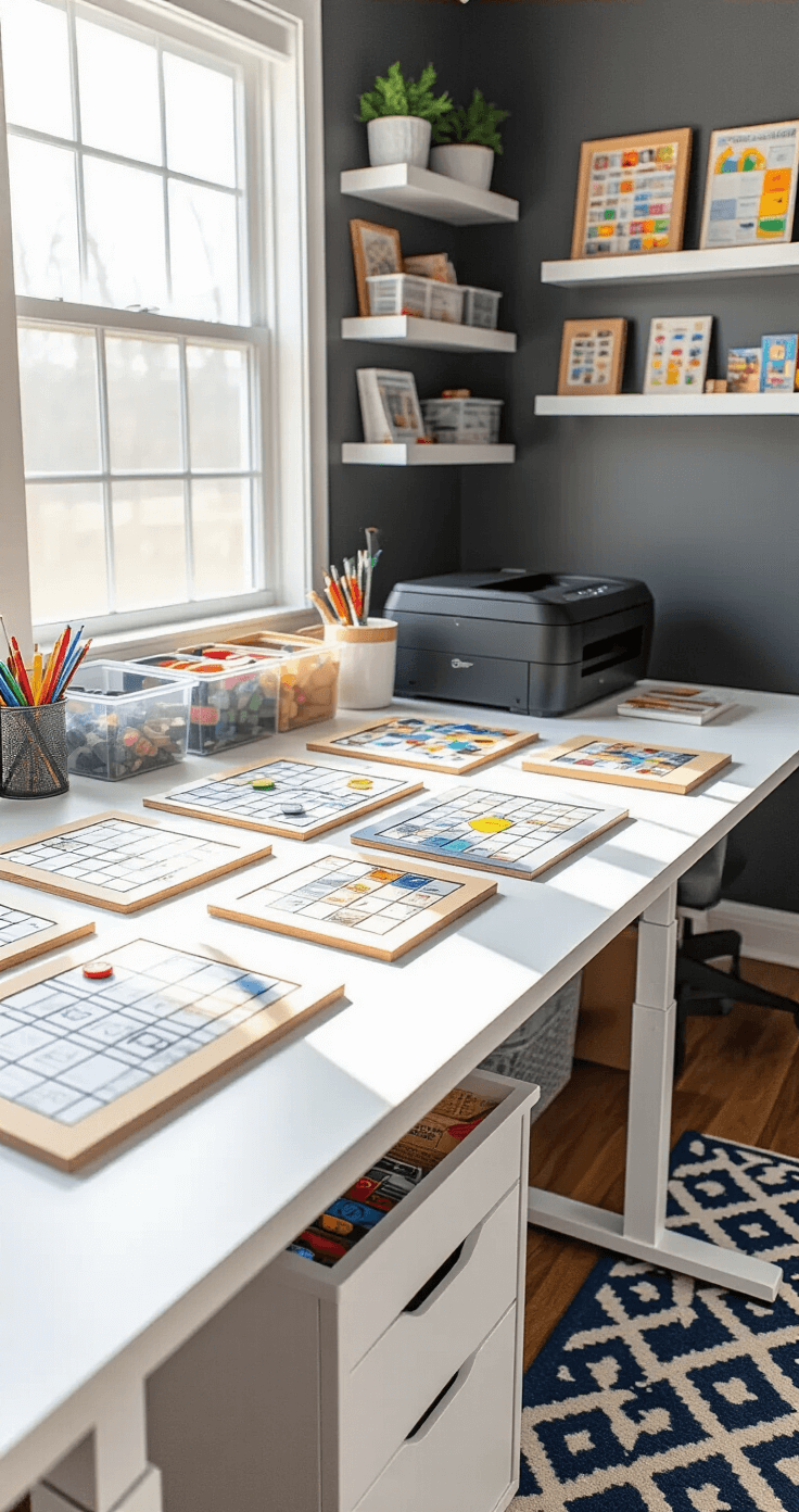 Low-angle shot of a bright modern home office craft station with a white standing desk, game board prototypes, a professional color printer, and organized craft supplies, featuring charcoal gray walls and geometric patterned rug.