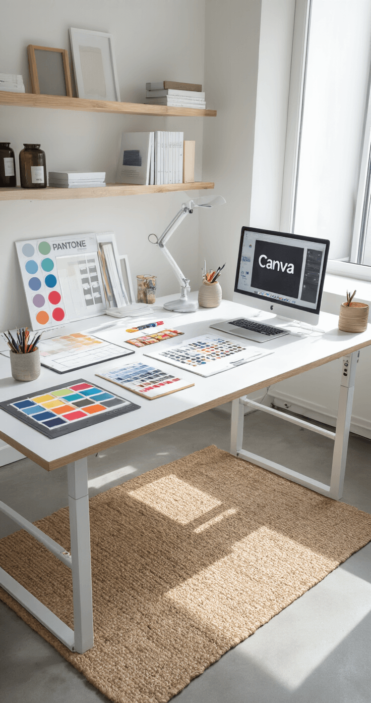 High-angle shot of a minimalist home studio featuring a large white drafting table, professional design materials, a MacBook with Canva templates, printed design sheets, concrete floor with a jute rug, and floating shelves, all illuminated by abundant natural light and a ring light.