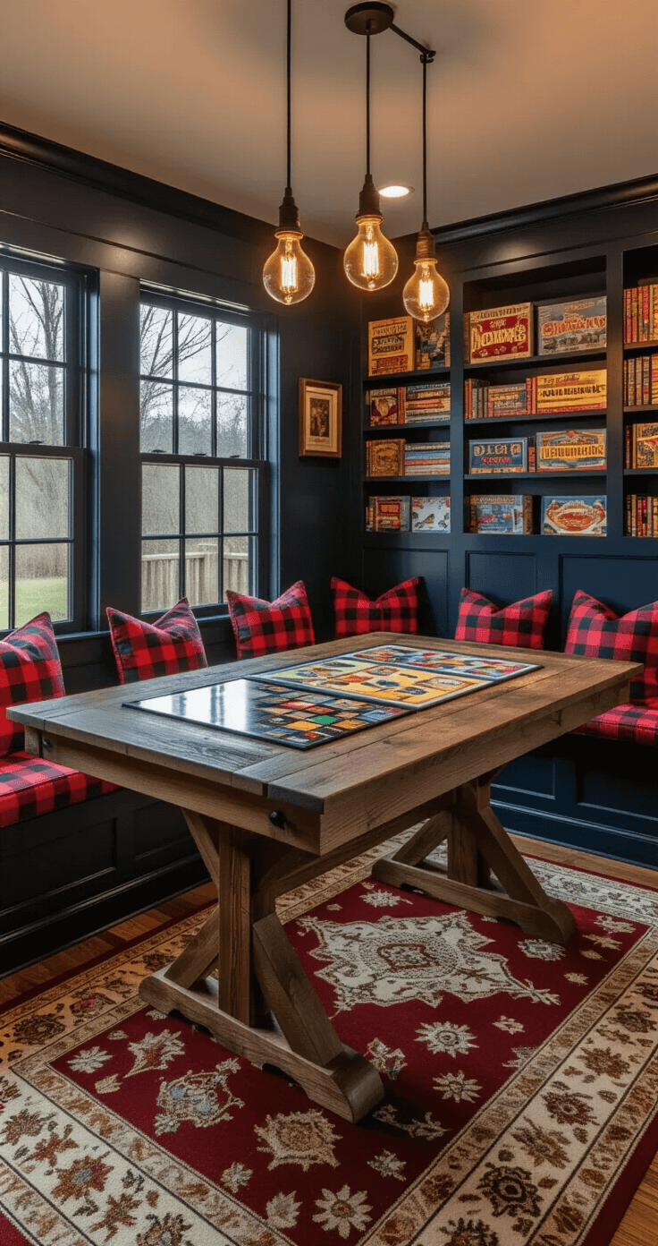 A cozy family game room showcasing a reclaimed wood table with a polished board game and its cardboard prototypes, surrounded by window seats with plaid cushions. Vintage board game art hangs on dark navy walls, while a rustic shelving unit displays various games, all under warm Edison bulb lighting. An oriental rug in burgundy and gold tones anchors the space.