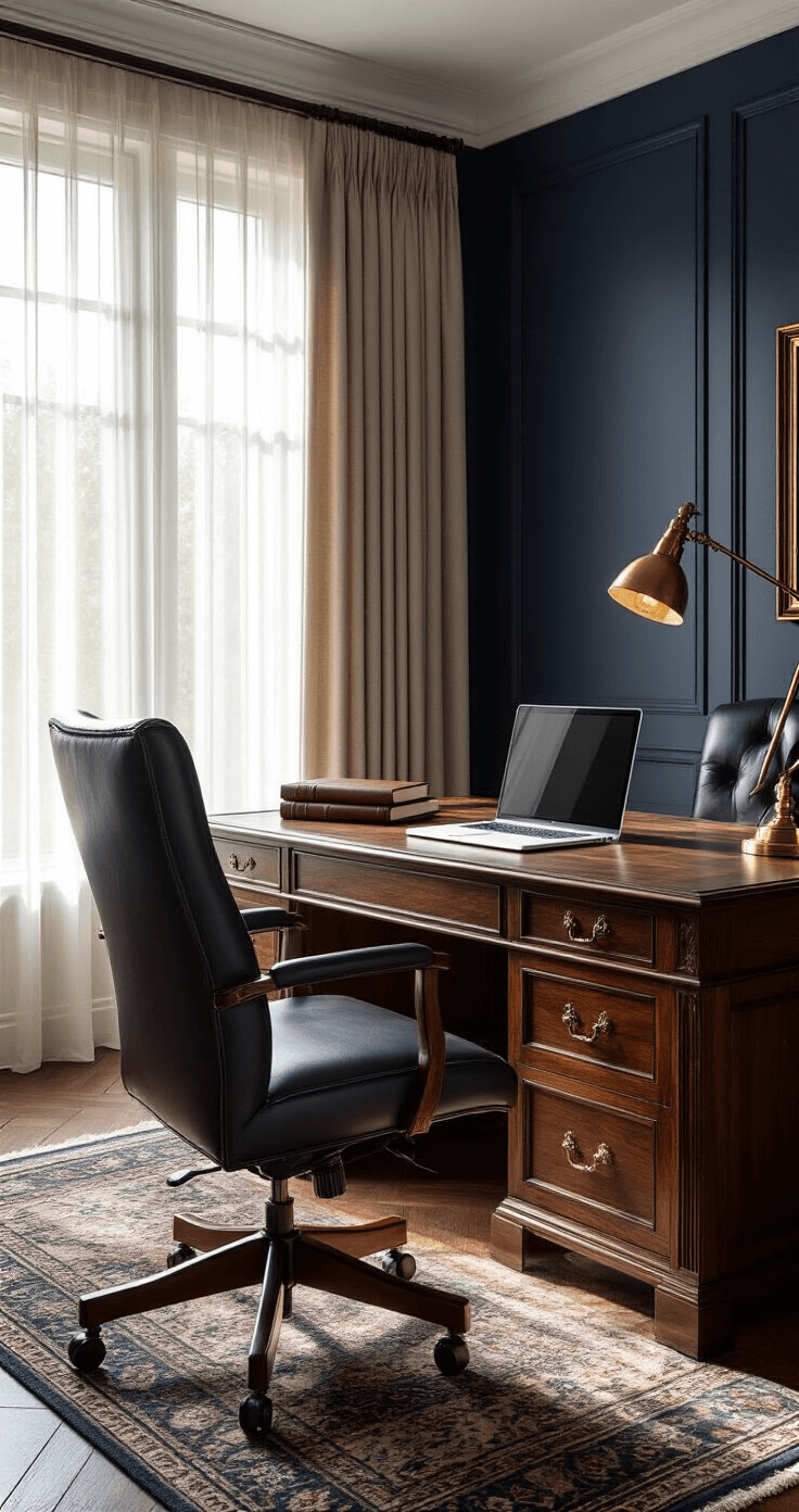 Ultra-realistic executive home office featuring a rich walnut wood desk, dark leather chair, and vintage brass lamp, illuminated by soft morning light. The space has deep navy blue walls, herringbone hardwood flooring, and a Persian rug, with an emphasis on the desk's intricate woodgrain and a warm, professional ambiance.