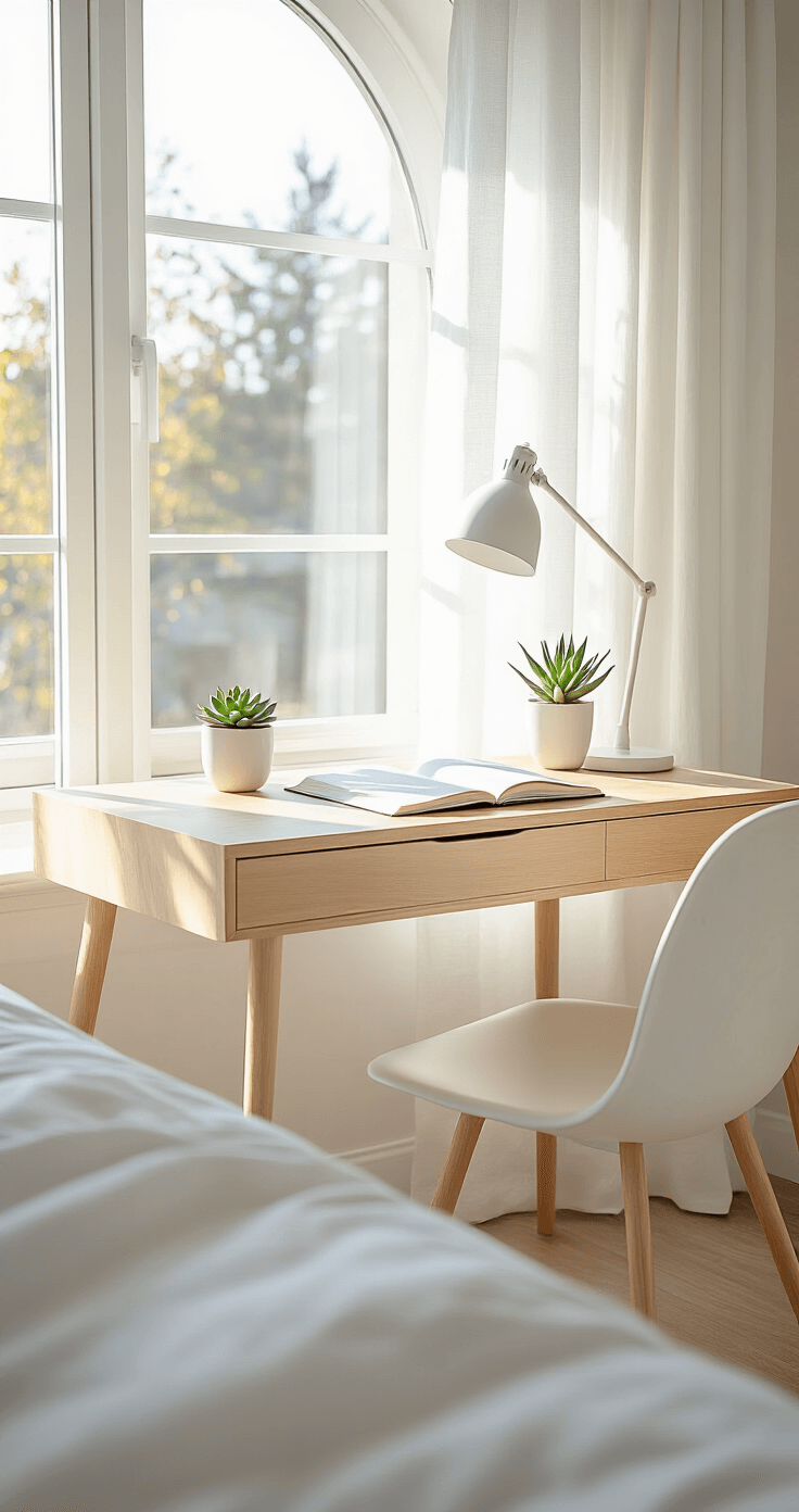 Compact writing desk in a bright white minimalist bedroom corner, featuring a natural maple wood design and a modern white chair. The arched window floods the space with morning sunlight, casting soft shadows on the surface. A white ceramic task lamp, a small potted succulent, and an open hardcover notebook are neatly arranged on the desk, with crisp linen curtains gently moving in the breeze.