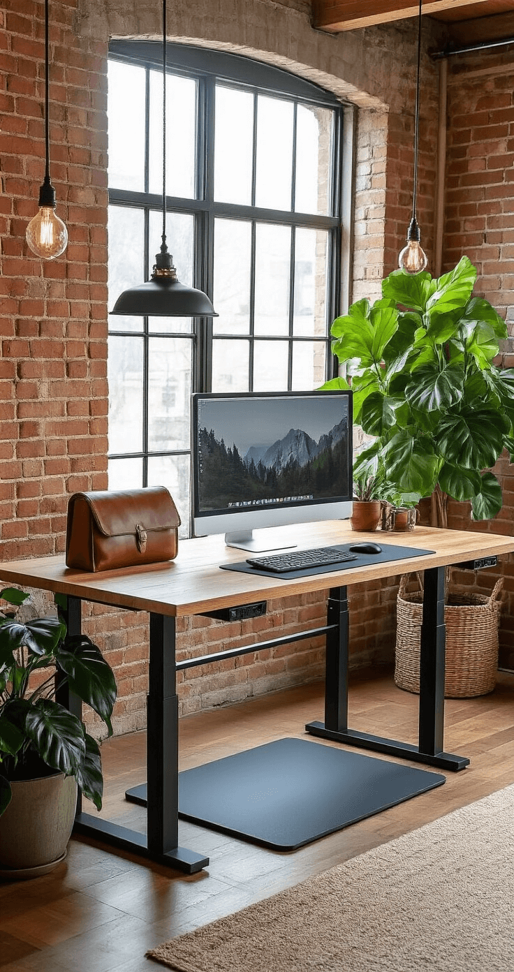 L-shaped wood standing desk with a reclaimed white oak surface and matte black adjustable frame in a modern home office featuring an industrial-farmhouse aesthetic, large monitor setup, and vintage leather accessories, against an exposed brick accent wall with pendant lighting, complemented by an oversized green monstera plant in a ceramic pot, all illuminated by natural afternoon light.