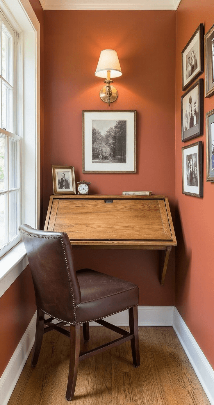 Wall-mounted rustic hickory fold-down desk in a narrow hallway nook with warm terracotta walls and a vintage brass sconce above, featuring a dark brown leather chair tucked underneath and displaying intricate woodgrain and a small drawer when open, alongside black and white family photographs on the adjacent wall, all bathed in soft diffused lighting.