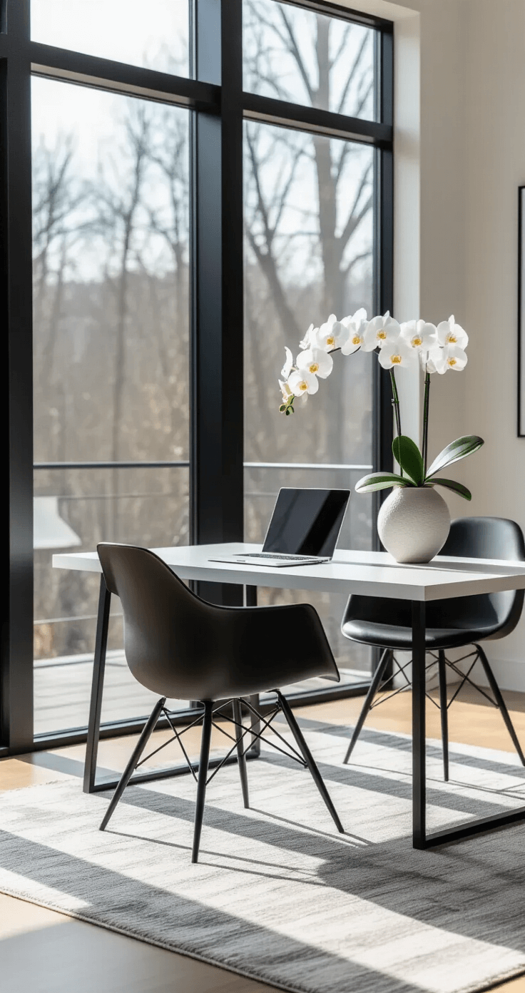 A contemporary white maple desk with black metal legs in a minimalist living room, featuring large floor-to-ceiling windows, a simple black office chair, and a sculptural ceramic vase with a white orchid, set on a subtle grey area rug with curated accessories, bathed in soft morning light.