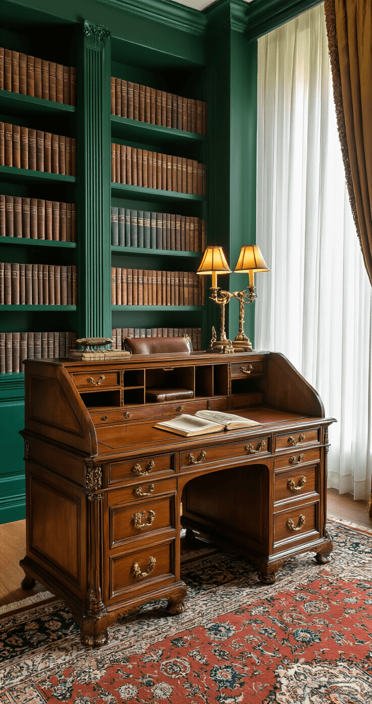 Traditional cherry wood secretary desk in an elegant home library with emerald green walls and built-in bookshelves, adorned with antique brass accessories and vintage books, illuminated by soft amber lighting, featuring an ornate Persian rug and golden hour light through velvet curtains, highlighting detailed wood joinery.