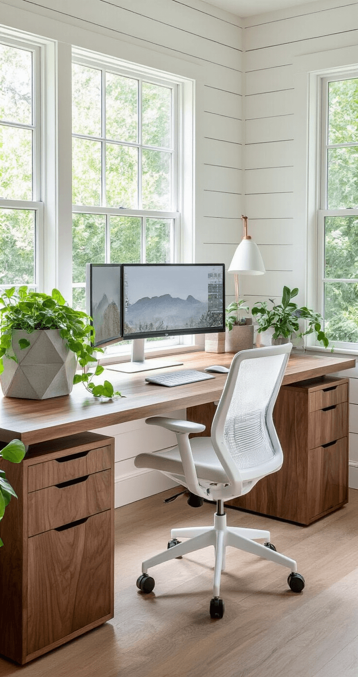 A modern walnut standing desk in a bright home office, featuring large windows with a view of a lush garden, white shiplap walls, an ergonomic white mesh chair, and a multi-monitor setup. A geometric concrete planter with trailing pothos adds minimal styling, while natural daylight enhances the wood's rich tones and soft lighting creates a serene workspace atmosphere.