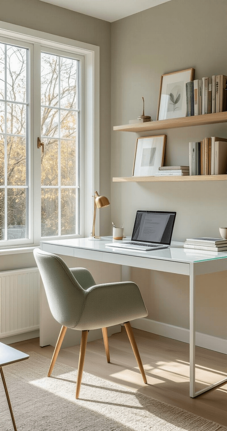 Ultra-modern living room workspace featuring a minimalist glass-top desk in a corner, a pale sage mid-century chair, neutral greige walls, floating wooden shelves with art books, and elegant brass desk accessories, all illuminated by soft natural light.
