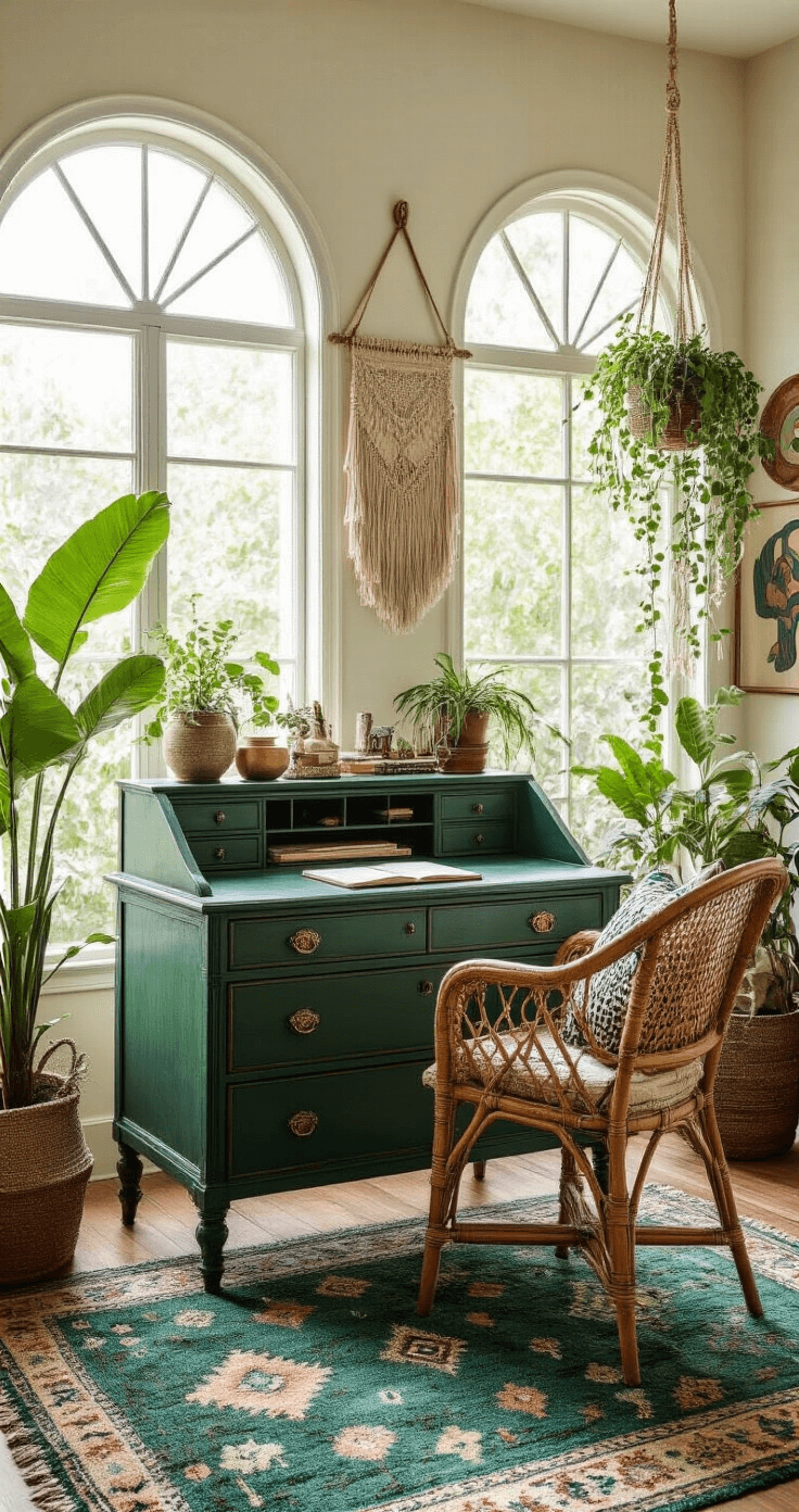 A bohemian eclectic living room workspace featuring a vintage emerald green secretary desk near large arched windows, adorned with a Moroccan wool rug, a rattan desk chair with a kilim cushion, and macramé wall art. Brass and ceramic desk accessories, along with potted trailing plants and abstract art, create a dreamy atmosphere under soft afternoon light. The composition emphasizes the unique character of the desk and its decorative surroundings.