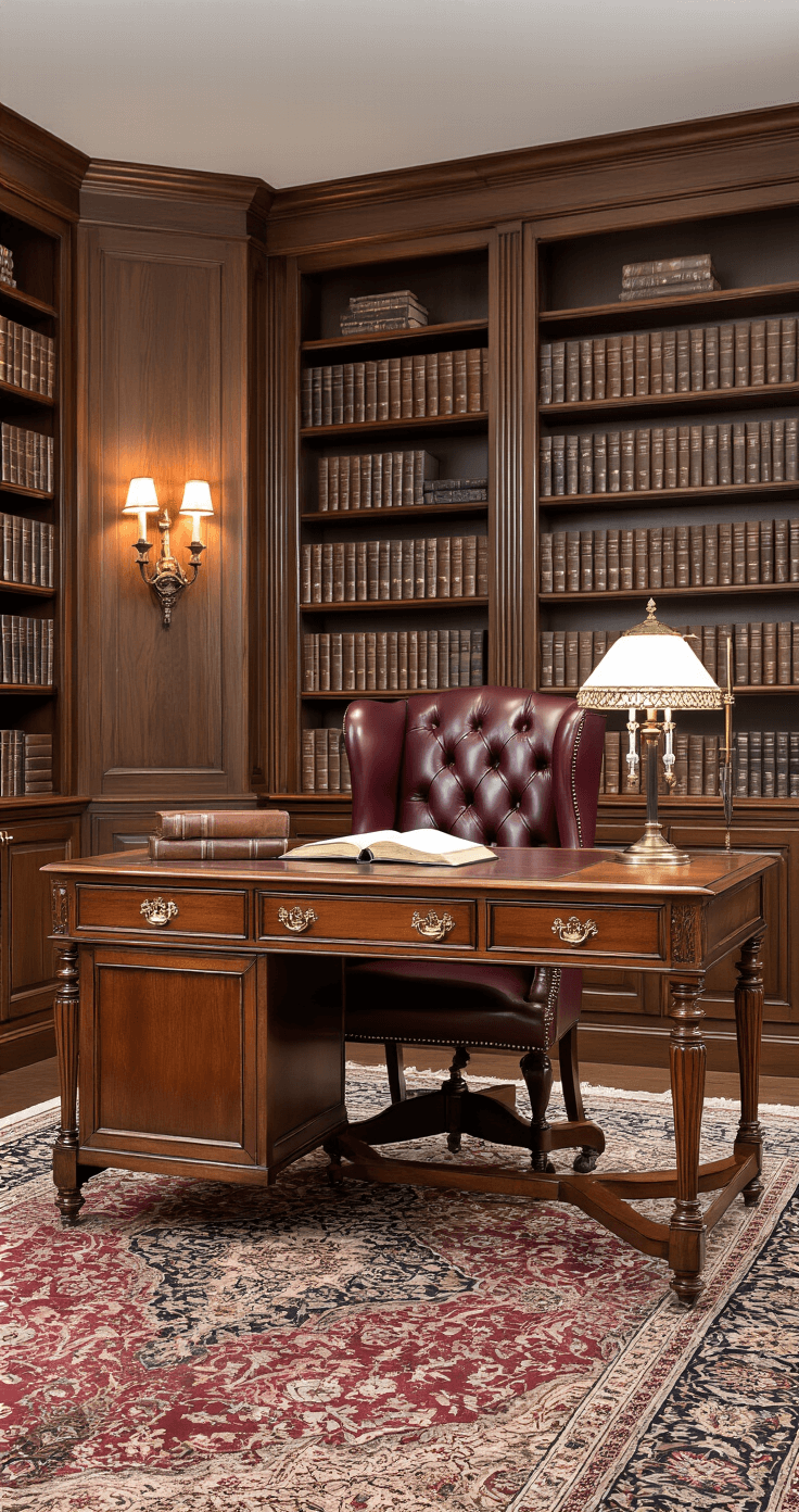 Traditional mahogany writing desk with turned legs and brass hardware flanked by floor-to-ceiling bookshelves, accompanied by a deep burgundy leather wingback chair, antique brass desk accessories, leather-bound books, and a crystal desk lamp, all set on a Persian area rug with warm ambient lighting from wall sconces.