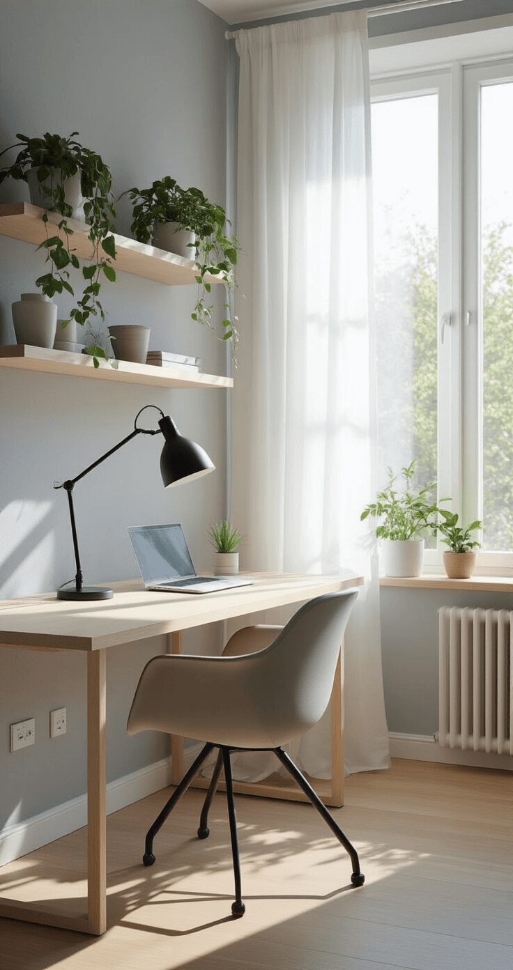 A bright, airy bedroom workspace featuring a floating white oak desk by a large bay window, soft white curtains, and natural light. The space includes a minimalist black task lamp, an ergonomic chair, potted green plants on floating shelves, and mid-century modern decor in muted blue and warm wood tones.