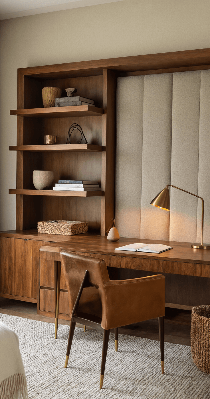 A cozy mid-century inspired bedroom workspace with a rich walnut desk and brass legs, positioned behind an oversized upholstered headboard, featuring a leather desk chair, matching floating shelves, a warm amber desk lamp, and textural elements like a wool throw and woven basket, all beautifully lit for depth and separation.