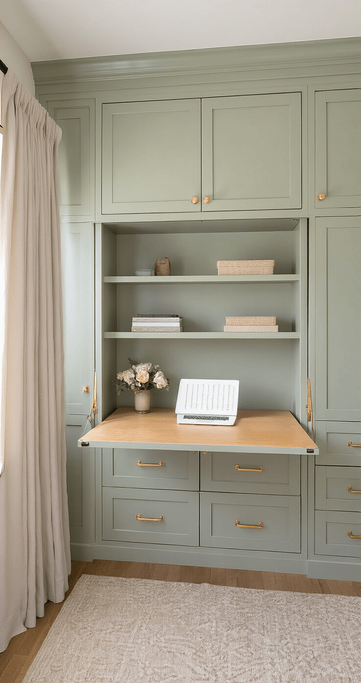 A stylish cloffice transformation in a neutral-toned bedroom with a sage green painted closet, featuring a custom fold-down desk, brass hardware, aligned shelving with hidden storage, and a soft linen curtain for separation, all captured in soft diffused lighting.