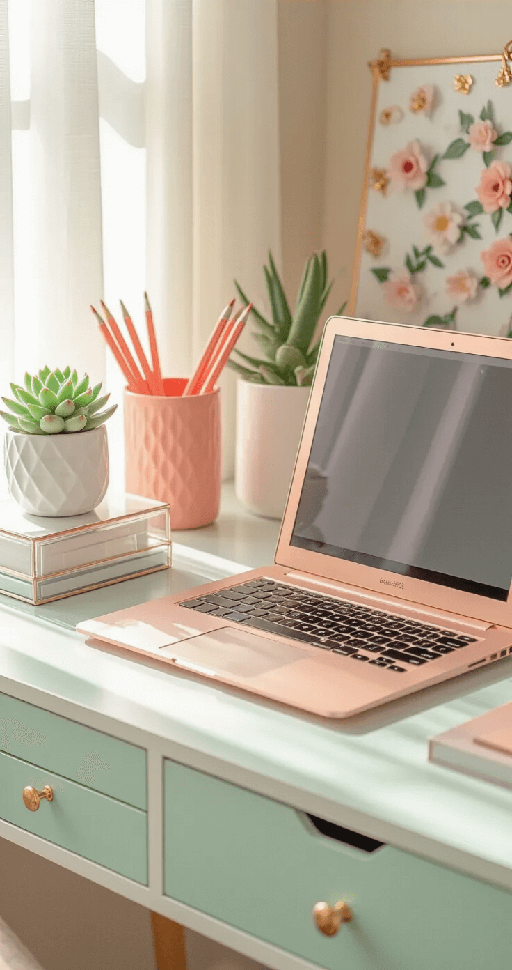 A modern home office workspace featuring a coral pink pencil holder, mint green stackable drawers, and a rose gold laptop stand, illuminated by morning sunlight. The scene includes clear acrylic organizers, a geometric white ceramic succulent planter, and a floral push pin board, all in a soft pastel color palette with warm gold accents.