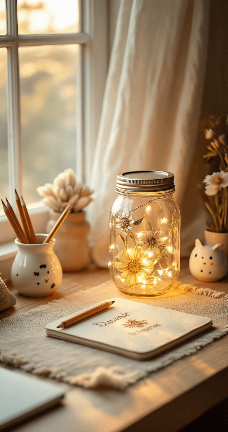 A cozy desk nook featuring a DIY mason jar fairy light lamp, a metallic flower sculpture made from pistachio shells, and an embroidered notepad, all bathed in warm golden hour lighting. The space includes a textured beige linen desk mat, artisan ceramic pencil holders, and kawaii-inspired accessories, creating an inviting and personal atmosphere.