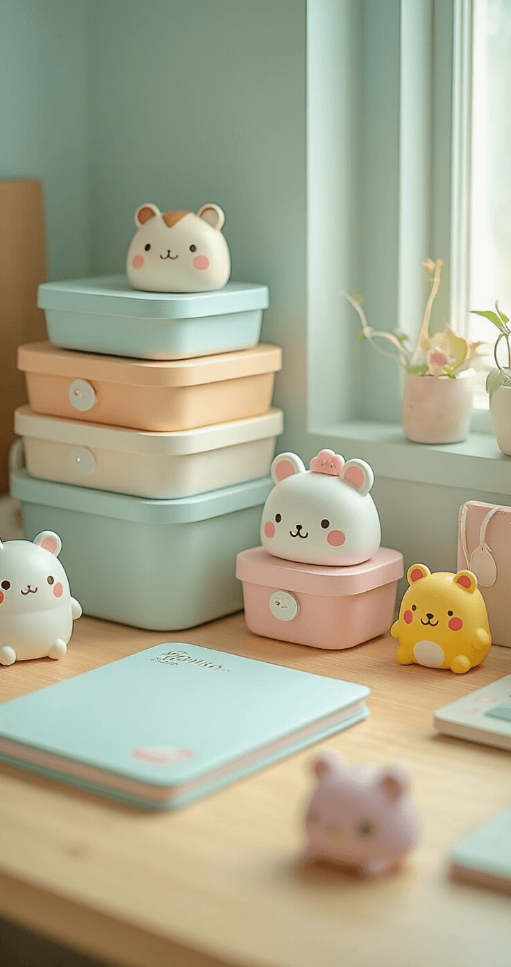 A kawaii-inspired desk corner featuring character-faced stationery, pastel storage, and animal-shaped cable organizers, all bathed in diffused natural light for a cheerful workspace vibe.