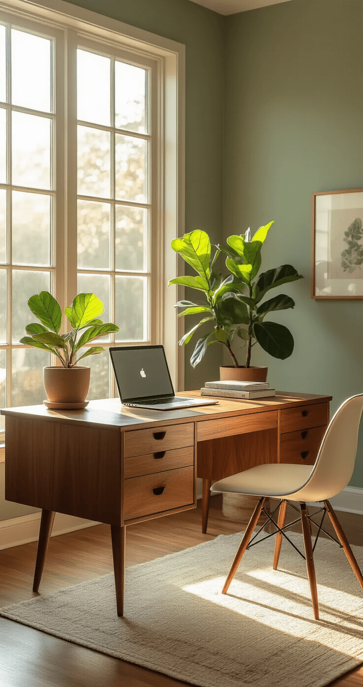 A mid-century modern home office featuring a walnut teak desk, vintage Eames chair, and potted fiddle leaf fig, all bathed in soft morning sunlight streaming through floor-to-ceiling windows, with a muted sage green wall backdrop and intentional negative space.