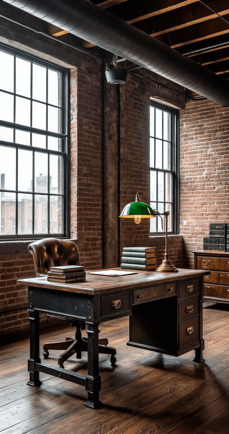 An industrial banker's desk made of scarred oak and heavy cast iron, set in a renovated brick loft with exposed ductwork, featuring dramatic side lighting from large windows, a vintage green library lamp, neatly stacked leather-bound ledgers, antique brass accessories, and a worn leather chair, all captured in high-contrast textural photography with deep browns and muted grays.