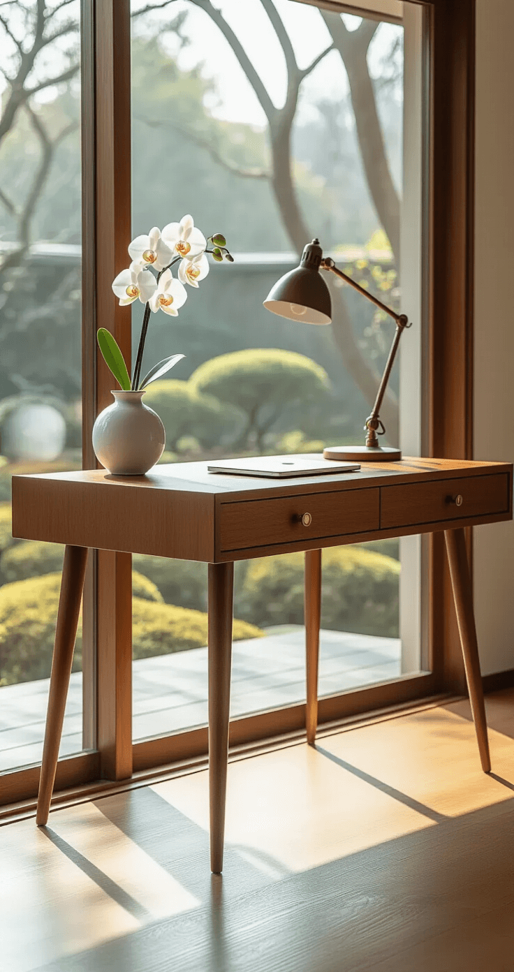 A minimalist Danish modern teak desk with clean lines and tapered legs, situated by large windows overlooking a tranquil Japanese garden. The desk features a single drawer with a subtle brass pull, adorned with a white ceramic vase holding a single orchid, an open MacBook, a leather-bound notebook, and a vintage Anglepoise lamp, all illuminated by soft morning light that creates gentle shadows and a zen-like atmosphere in a warm color palette.