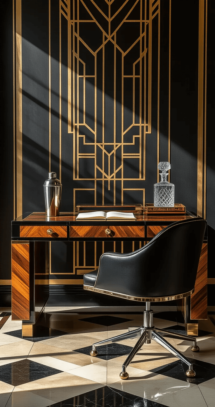 An Art Deco writing desk with geometric inlays and brass accents in a sophisticated interior featuring geometric wallpaper, dramatic black and gold colors, and vintage accessories, all presented in high-contrast photography that highlights luxurious materials and craftsmanship.