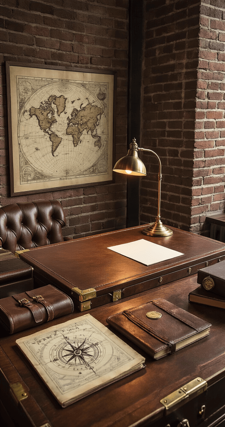 A campaign desk with brass corners and a leather surface in a modern loft, featuring a vintage military map, leather journals, an antique compass, and a brass lamp, highlighted by dramatic side lighting that emphasizes textures and colors of brown, brass, brick red, and cream.
