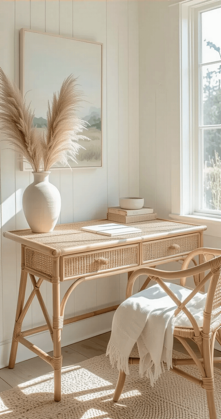 A rattan and bentwood desk in a sunroom with coastal grandmother decor, illuminated by soft natural light. The desk's woven texture contrasts with white walls, alongside a vintage ceramic vase holding dried pampas grass and a casual watercolor painting. A soft linen chair complements the relaxed, elegant styling, with gentle shadows highlighting the natural materials in a muted color palette of rattan, whites, sandy beiges, and sage green.