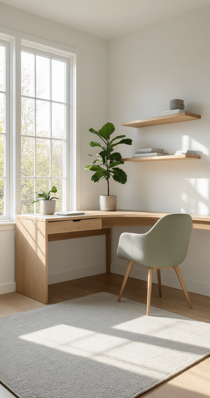 Ultra-realistic bedroom corner featuring a modern wooden L-shaped desk in a 45-degree position, illuminated by soft natural light from large bay windows, with light oak floating shelves above and a muted sage green Danish mid-century chair. A potted fiddle leaf fig plant sits on the desk, complemented by a light gray textured area rug and crisp white walls, all captured from a slightly elevated angle.
