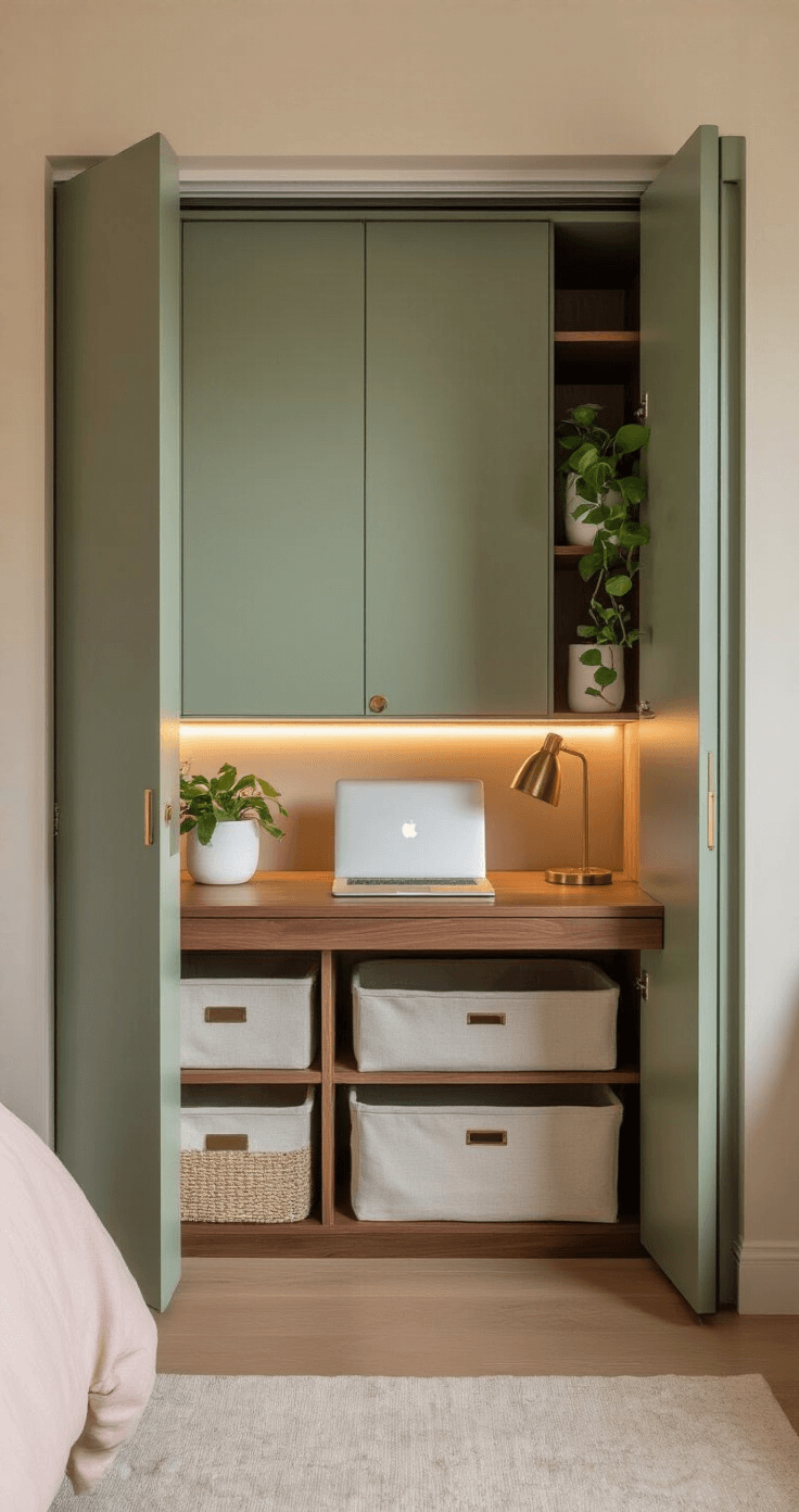 An elegant hidden workspace inside a built-in wardrobe features sage green sliding doors, revealing a compact floating walnut desk with integrated LED lighting, a sleek white MacBook, a brass desk lamp, and a white ceramic planter with a trailing pothos plant, while soft linen storage baskets are tucked underneath; the background hints at a bedroom in soft blush and cream tones, all captured in rich cinematographic lighting from a slightly off-center angle.