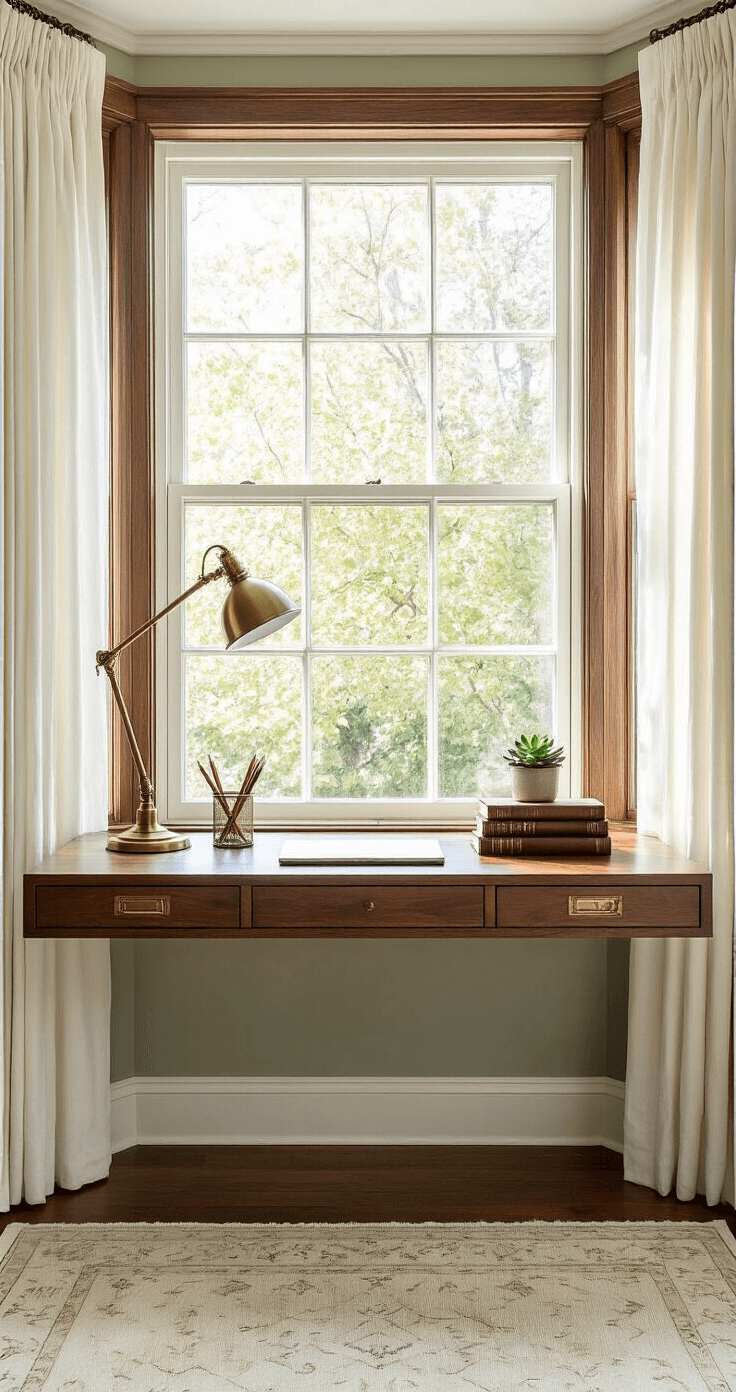 A stylish bay window workspace with a slim wall-mounted walnut desk, antique brass task lamp, vintage books, a brass pencil holder, and a potted succulent, illuminated by soft morning light through sheer white curtains, set against a muted sage and cream color palette, with a plush cream rug below.