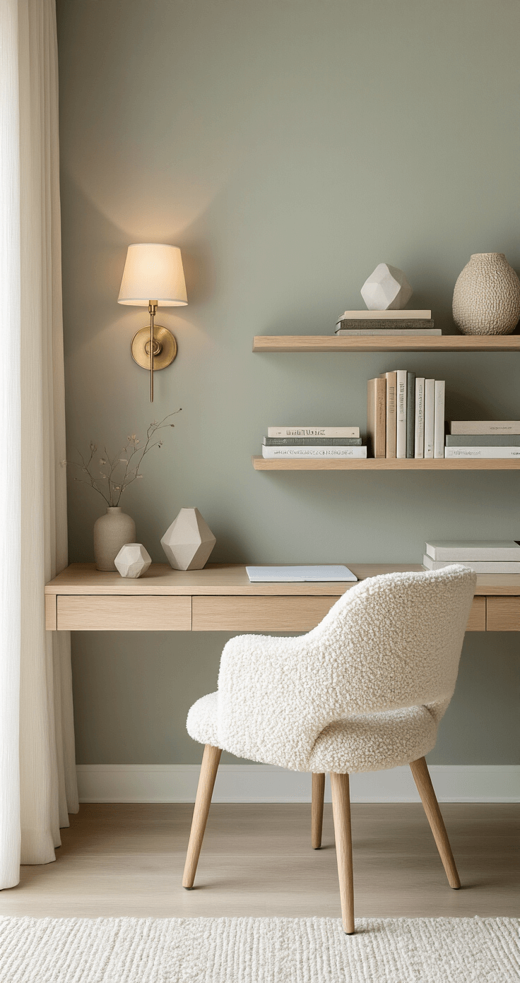 Minimalist bedroom workspace featuring a narrow wooden desk and nightstand with wall-mounted sconce lighting, complemented by a soft cream boucle accent chair. The room showcases open shelving with design books and decorative objects, including a small geometric ceramic vase. Natural light filters through sheer curtains onto light wooden floors, against a muted sage green wall, creating a harmonious blend of work and sleep areas.