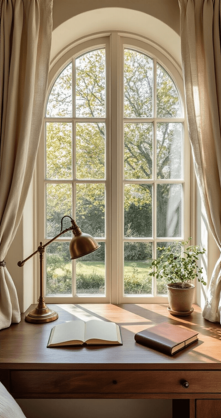 Cozy alcove workspace with a walnut desk under an arched window, featuring a vintage brass lamp, leather journal, and indoor plant, bathed in warm morning light with soft linen curtains revealing a garden view.