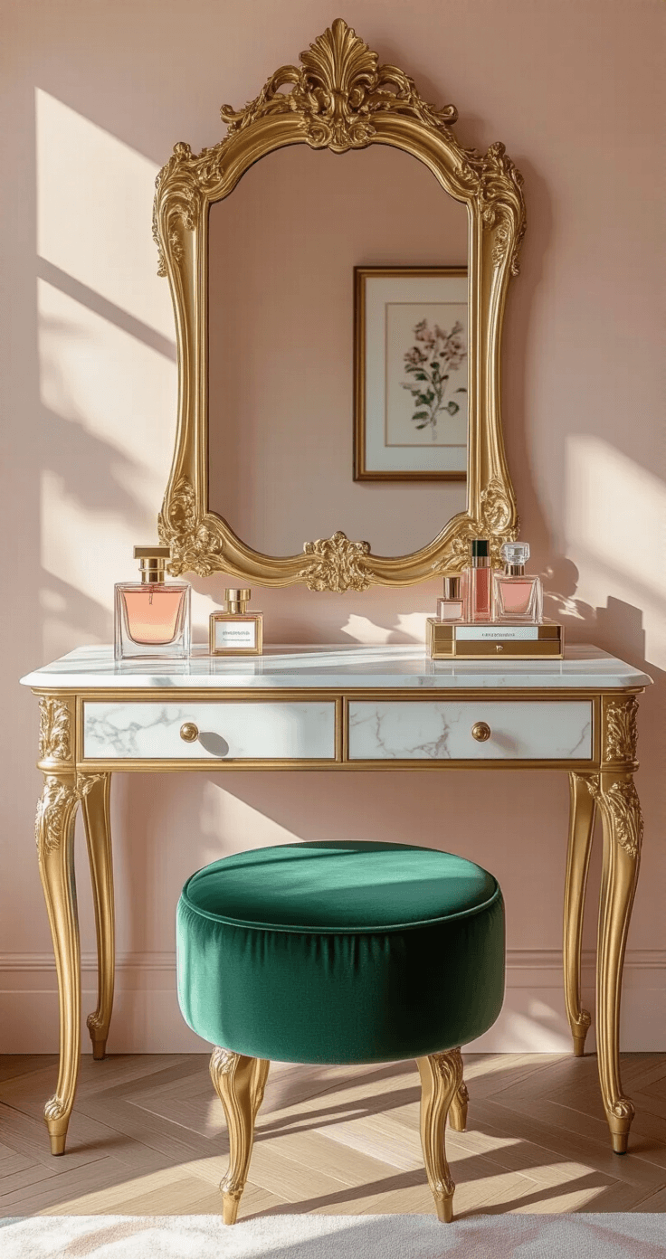 Luxurious bedroom workspace with a dual-purpose marble-top desk as a vanity, ornate gold-framed mirror, emerald green velvet stool, designer perfume bottles, an elegant makeup organizer, vintage art print, soft blush pink walls, and herringbone wooden floor, illuminated by natural side lighting.