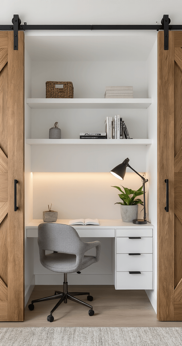 A stylish modern closet converted into an office, featuring warm wood sliding barn-style doors, a built-in desk with white floating shelves, matte black hardware, a soft gray ergonomic chair, a designer task lamp, a curated book collection, and a concrete planter with an indoor plant, all illuminated by soft ambient lighting in a neutral palette of whites and warm grays.