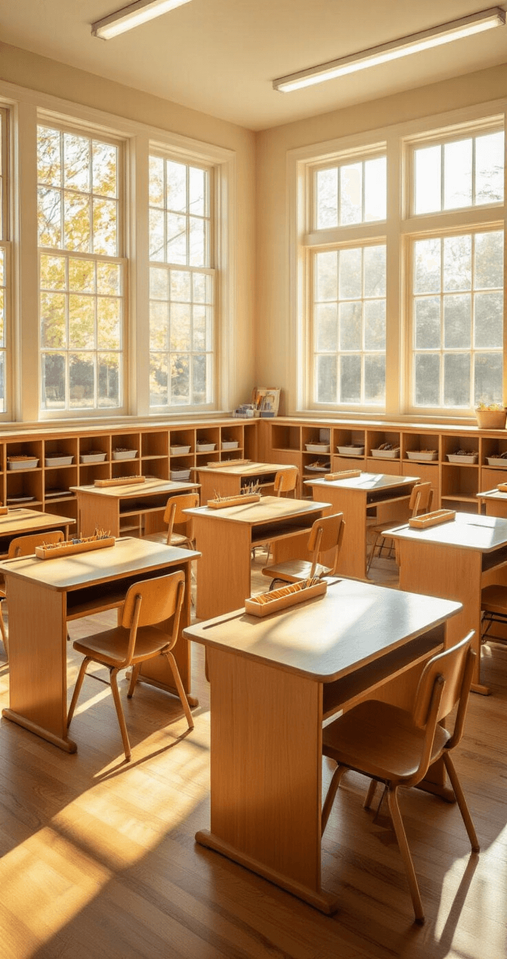 Aerial view of a sunlit elementary classroom featuring neatly arranged wooden desks and cubbies, with soft shadows and warm wood tones highlighting the orderly and ergonomic design.