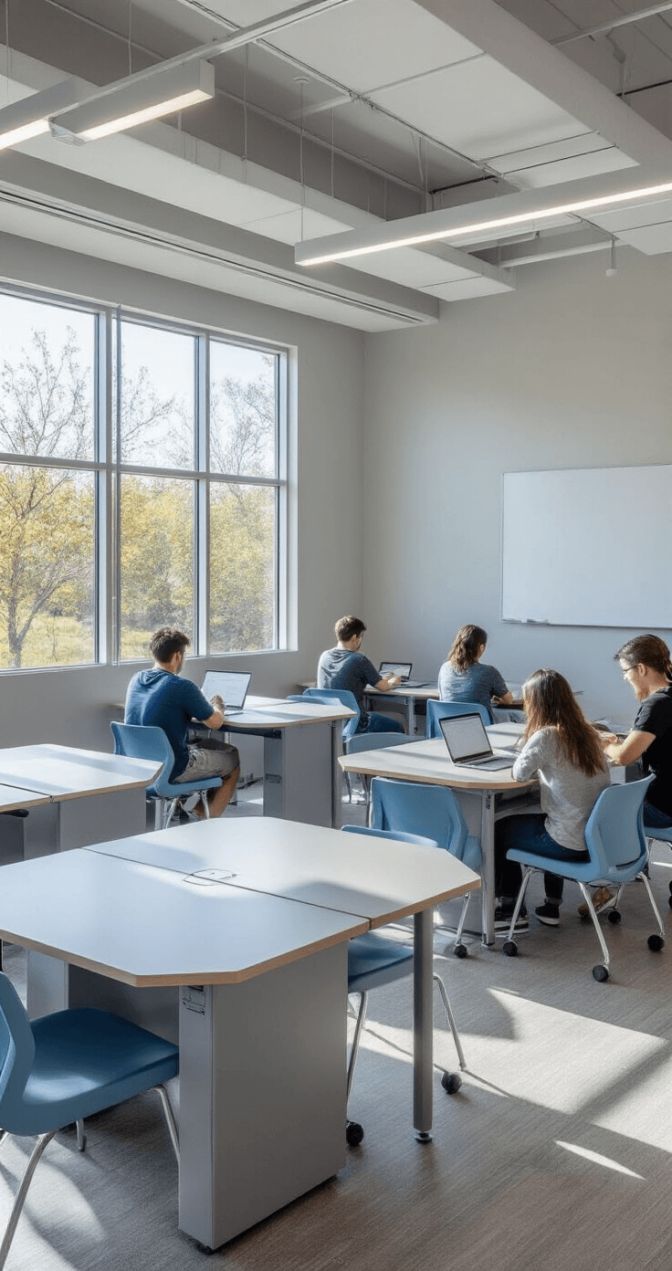 Modern collaborative classroom with hexagonal desks in soft gray and blue, arranged to promote interaction among students, featuring minimalist design, integrated power outlets, and overhead lighting, captured in a wide-angle view.