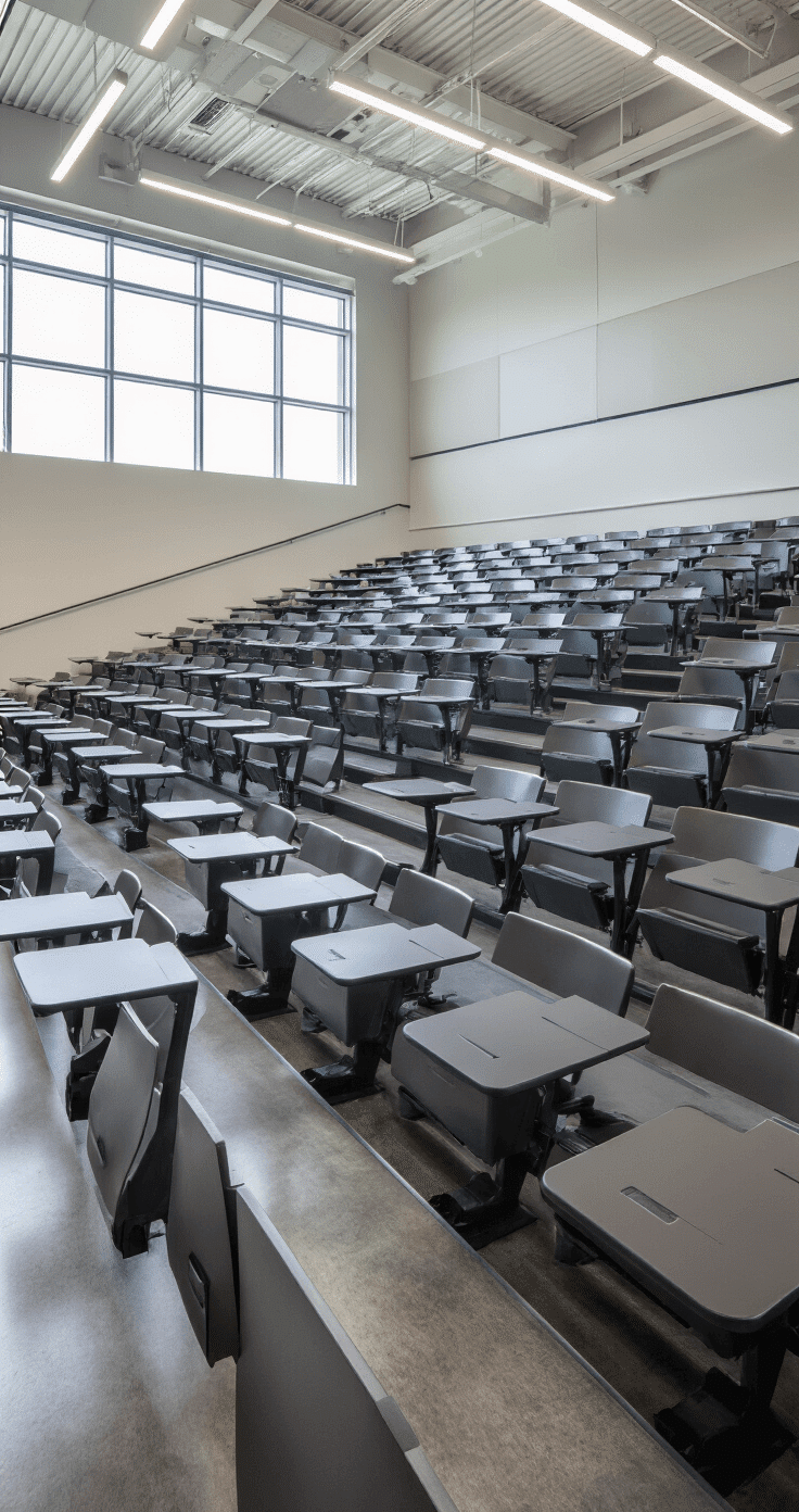 High school lecture hall featuring sleek metallic charcoal combination desks with swing-out writing pads, stadium-style seating arranged in precise ascending rows, illuminated by cool industrial lighting that accentuates the architectural design and functionality of the student workspace.