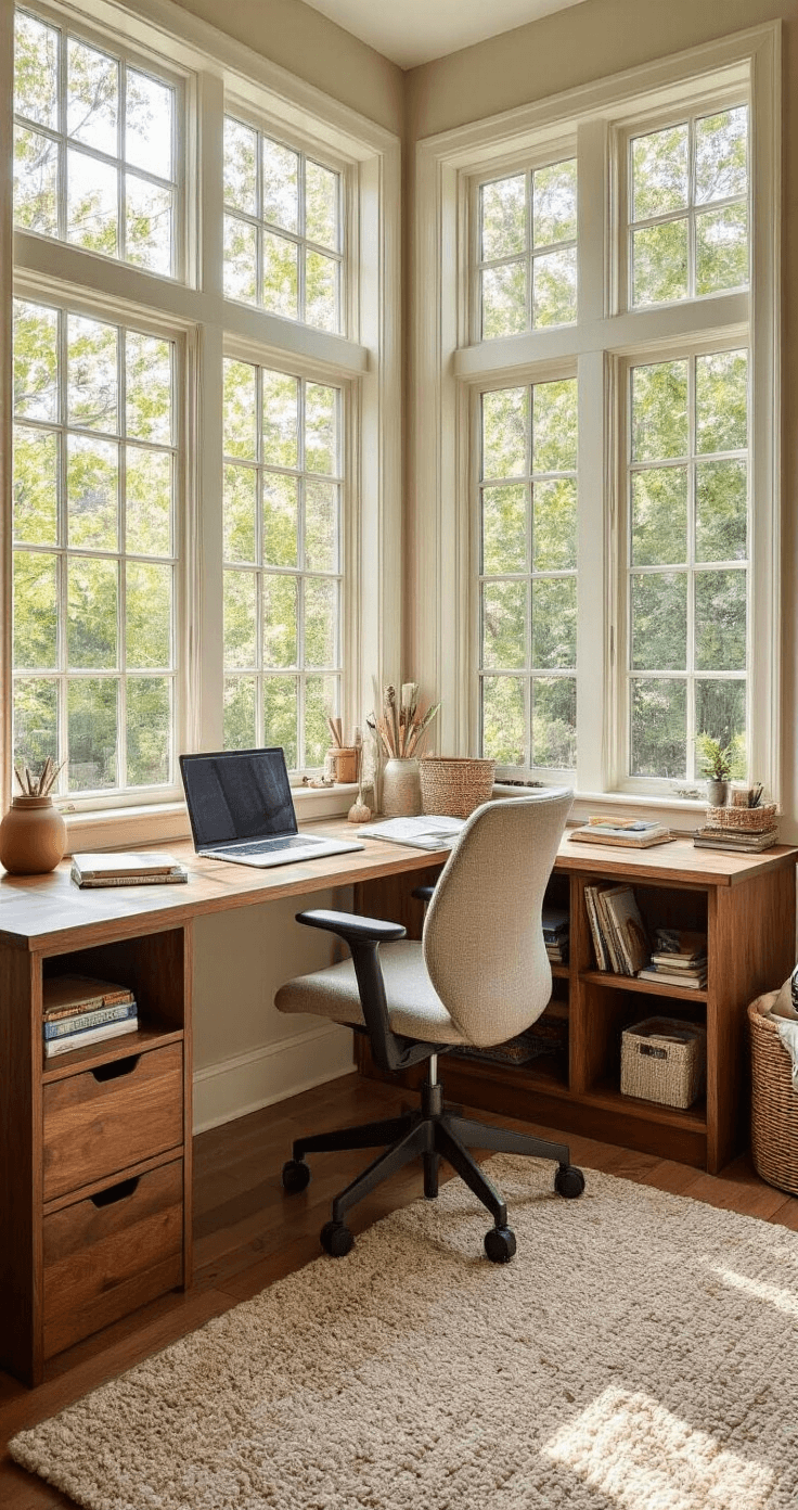 Homeschool learning nook featuring an adjustable height wooden desk by a large bay window, an ergonomic chair, warm walnut storage cubbies, and scattered educational materials in a cozy, personalized space with soft natural light.